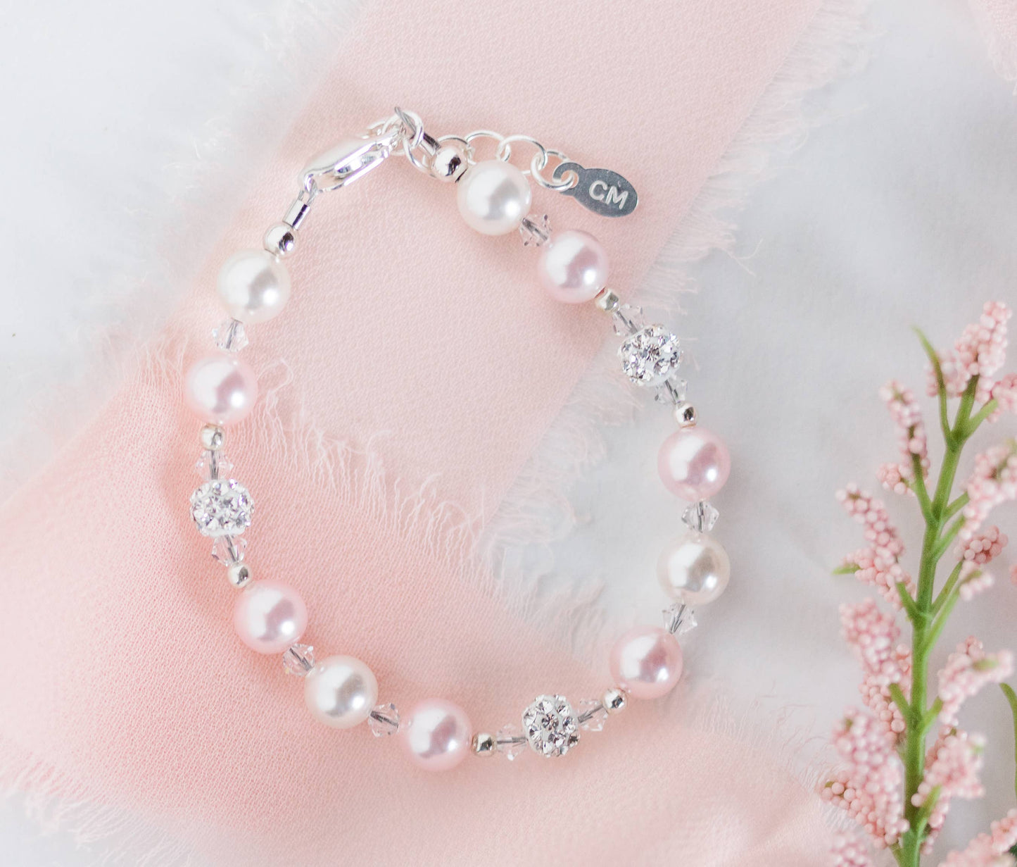 Brandi Sterling Silver Pink Pearl Baby or Child's Bracelet: Small 0-12m